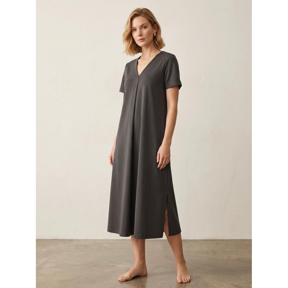 Uniqlo Womens V-Neck Short Sleeve Pleated Midi Dress Dark Gray Medium 187077